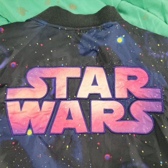 Disney Store Girls 9/10 Star Wars Jacket Black Galaxy Pink Logo Back - Picture 3 of 11